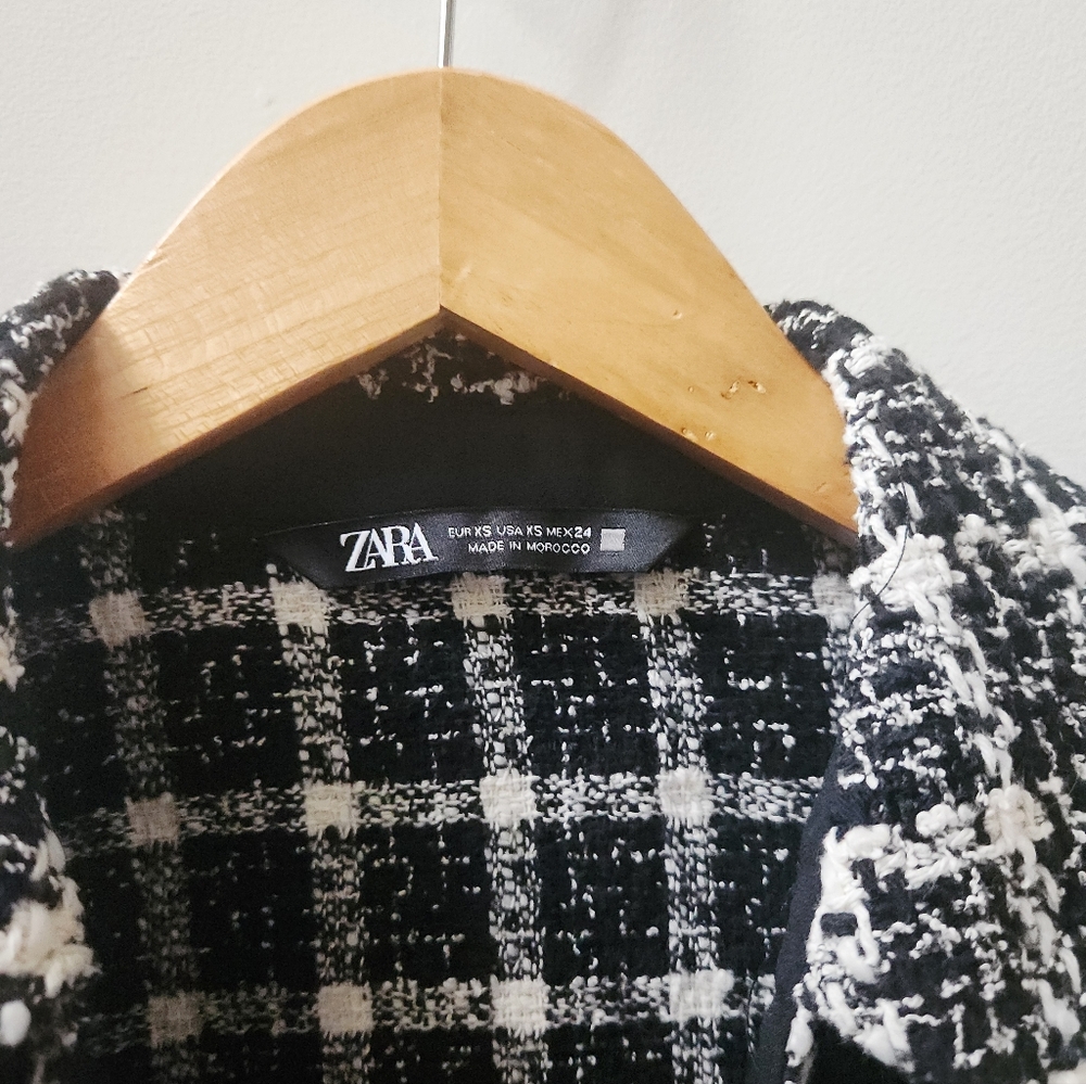 Zara Black Button Up Shirt XS Tweed Trim Sheer Blouse - Picture 5 of 9